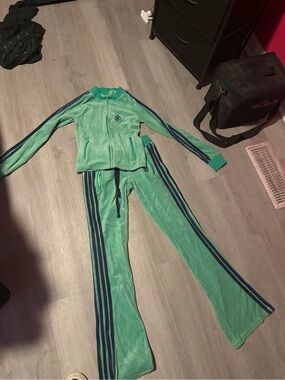 Green Velour Track Pants with Navy Stripe